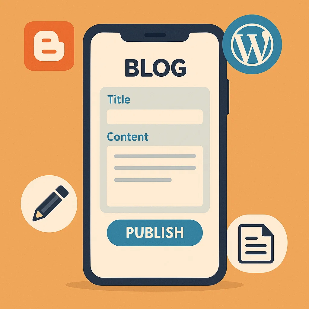 Ilustrasi pengguna menulis blog langsung dari HP menggunakan aplikasi Blogger dan WordPress