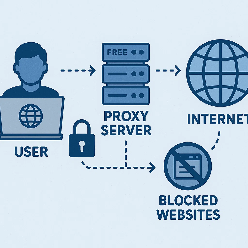 Ilustrasi pengguna yang mengakses internet secara aman menggunakan server proxy gratis