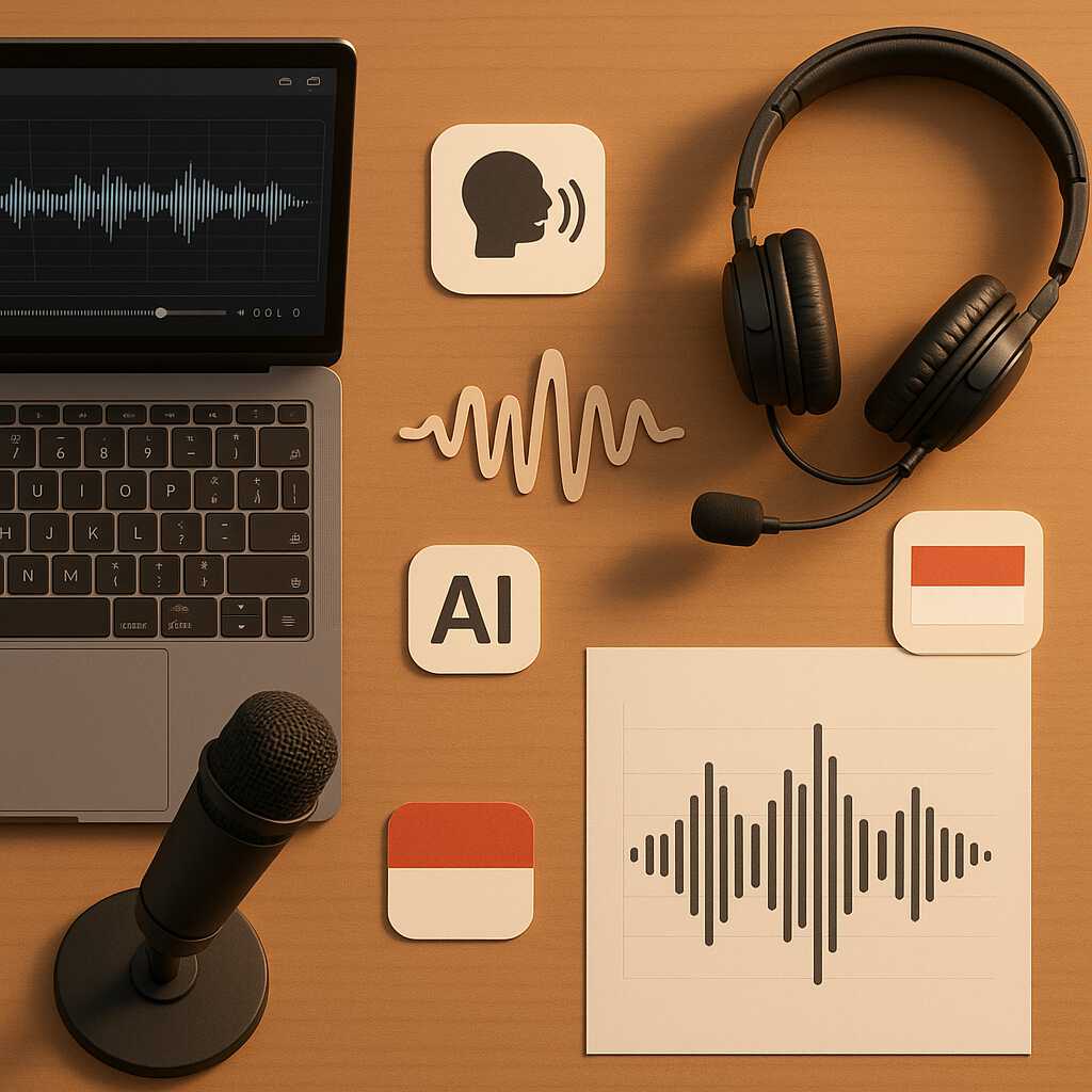 Ilustrasi profesional yang menggambarkan teknologi suara AI di Indonesia