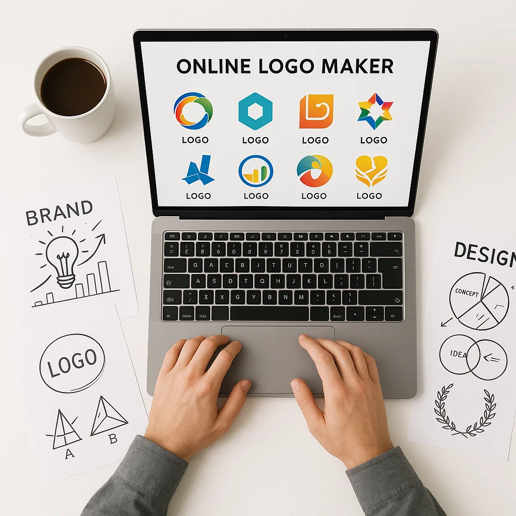 Ilustrasi proses membuat logo online dengan laptop dan elemen branding sederhana