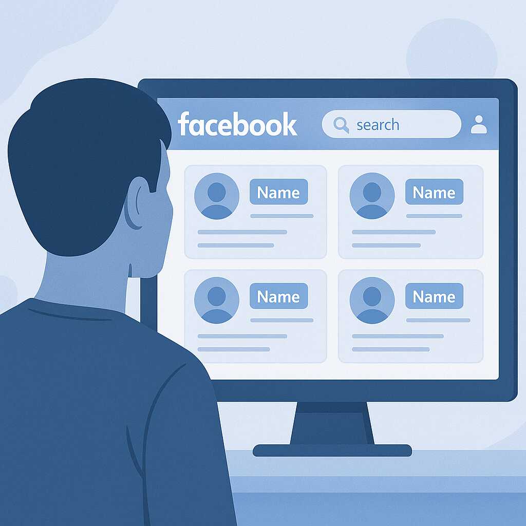 Ilustrasi proses pencarian akun Facebook berdasarkan nama, dilengkapi elemen visual yang menunjukkan pencarian dan identifikasi akun