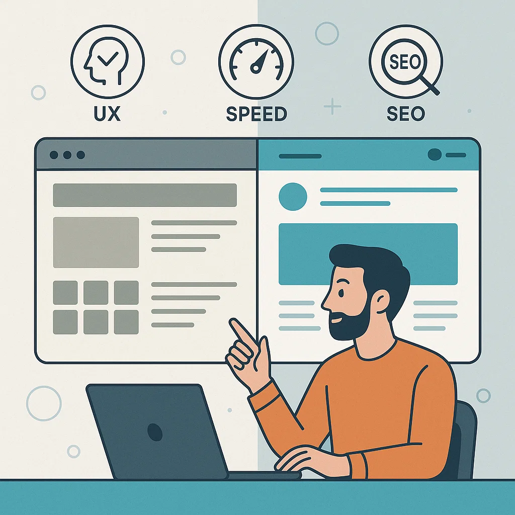 Ilustrasi proses redesign dari tampilan lama ke desain baru yang modern dan cepat