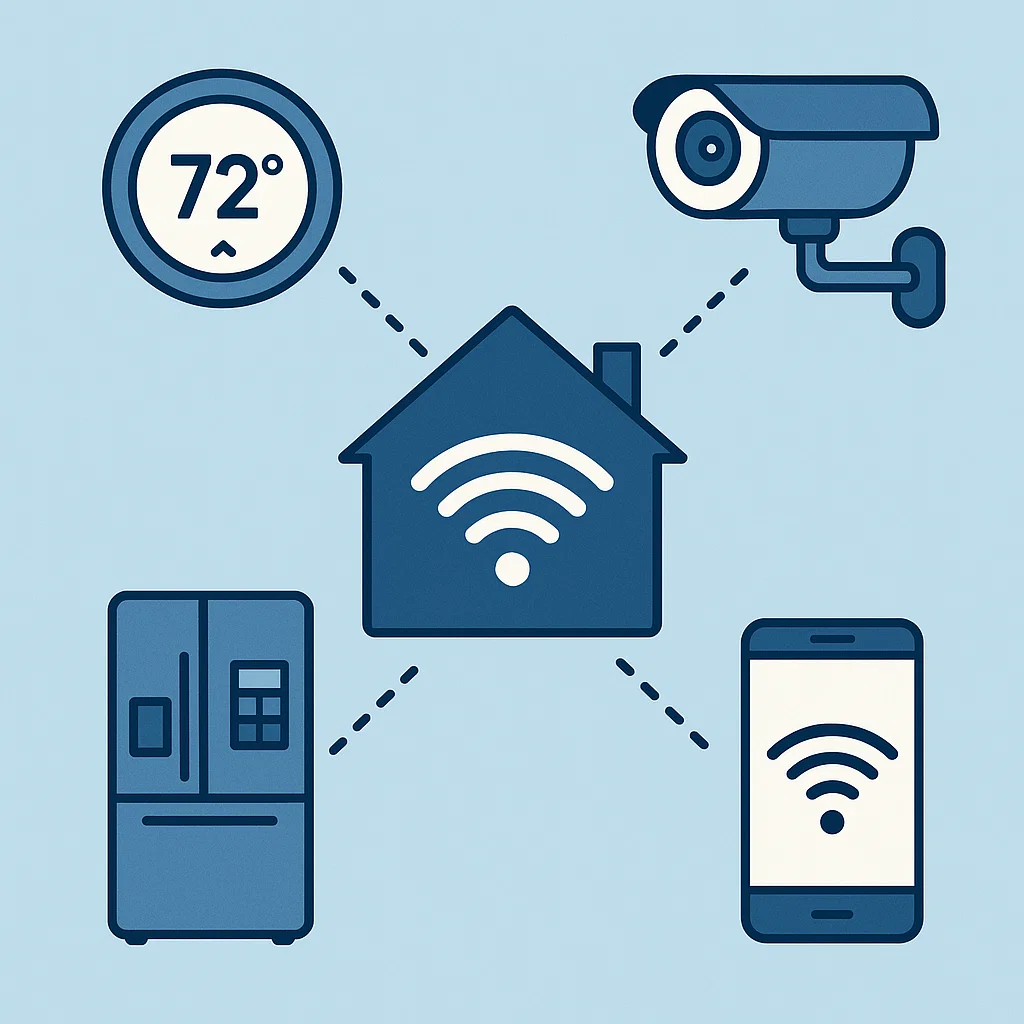 Ilustrasi rumah pintar dengan perangkat IoT yang saling terhubung