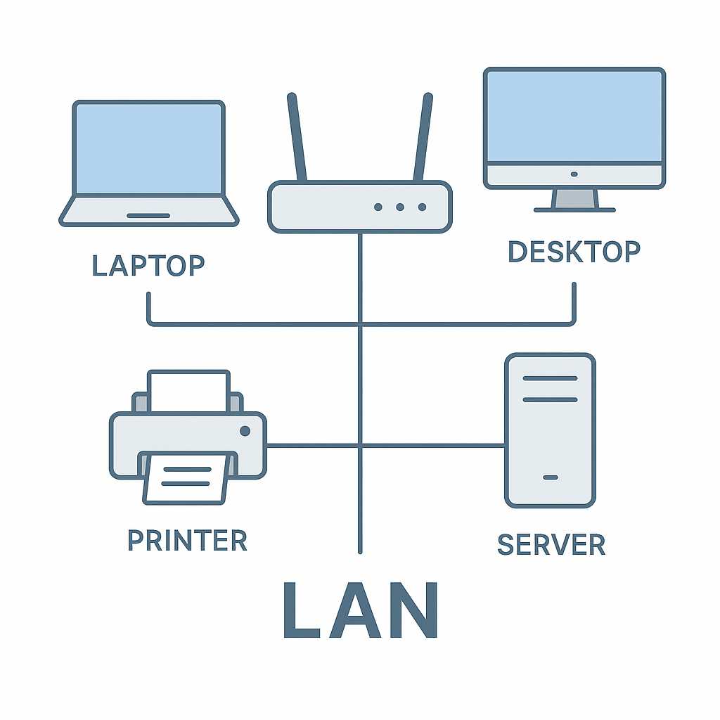 Ilustrasi sederhana topologi jaringan LAN dalam lingkungan kantor kecil