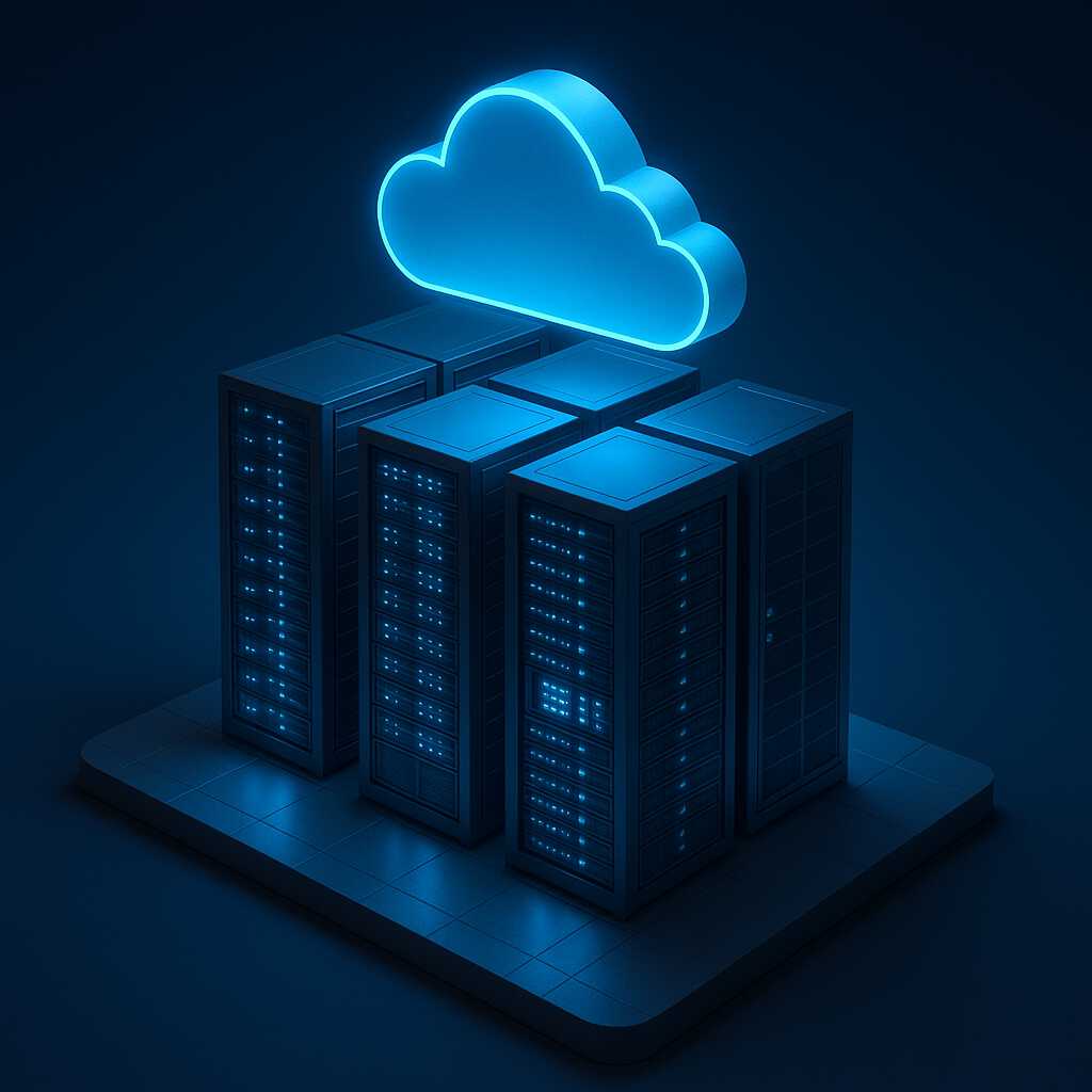 Ilustrasi server cloud modern—futuristik, aman, dan scalable
