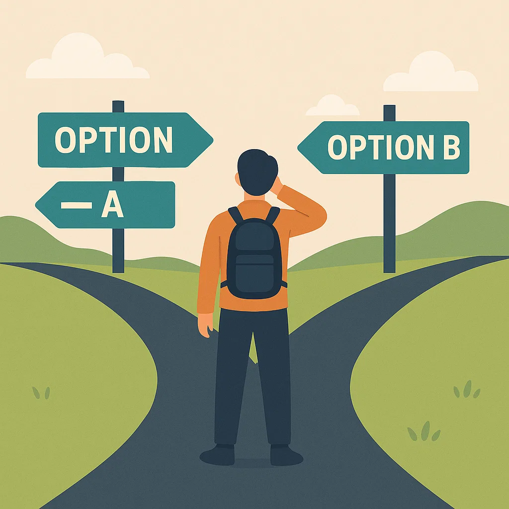 Ilustrasi seseorang sedang memilih arah sebagai simbol proses decision atau pengambilan keputusan