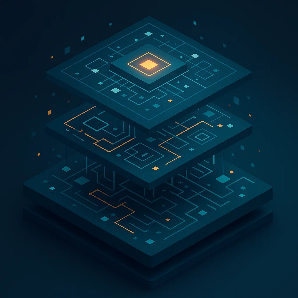 Ilustrasi sistem internal digital dalam struktur organisasi atau komputer modern