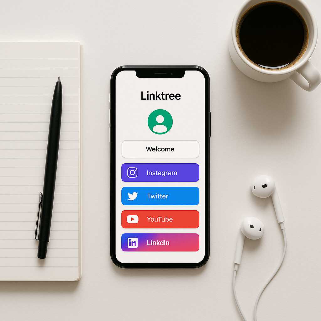 Ilustrasi tampilan Linktree di smartphone dengan ikon sosial media di sekitarnya