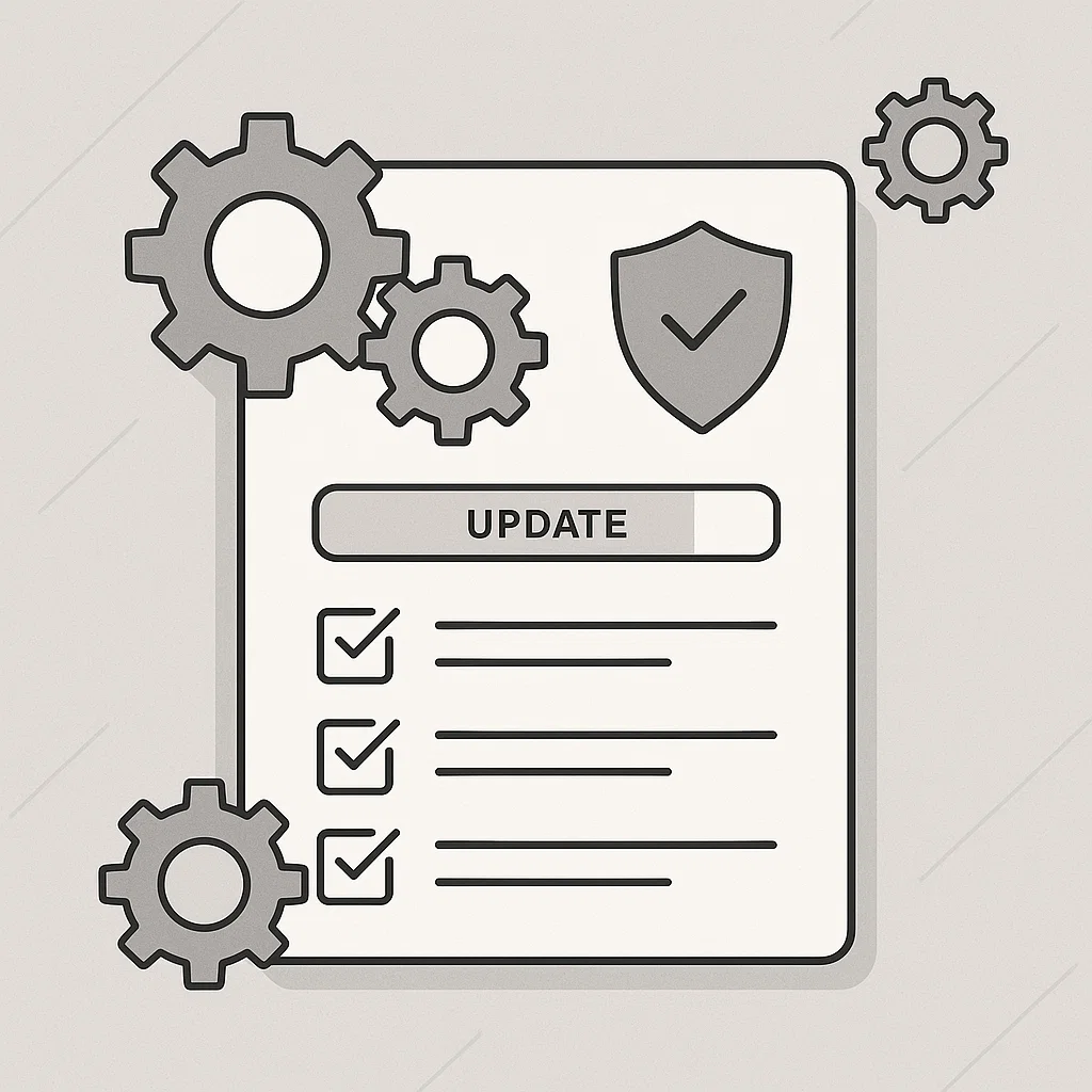Ilustrasi tampilan digital dashboard dengan ikon maintenance sistem dan update