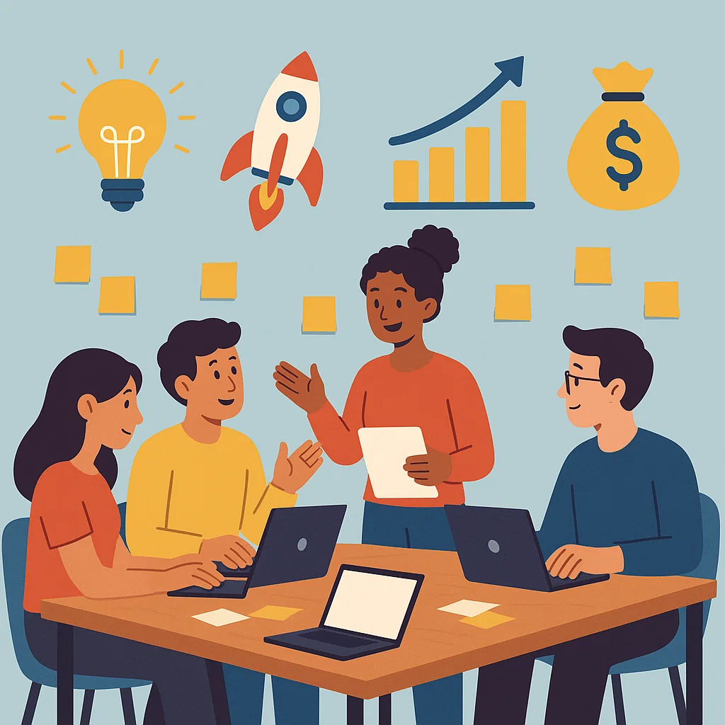 Ilustrasi tim startup sedang mengembangkan ide produk digital dalam suasana kolaboratif