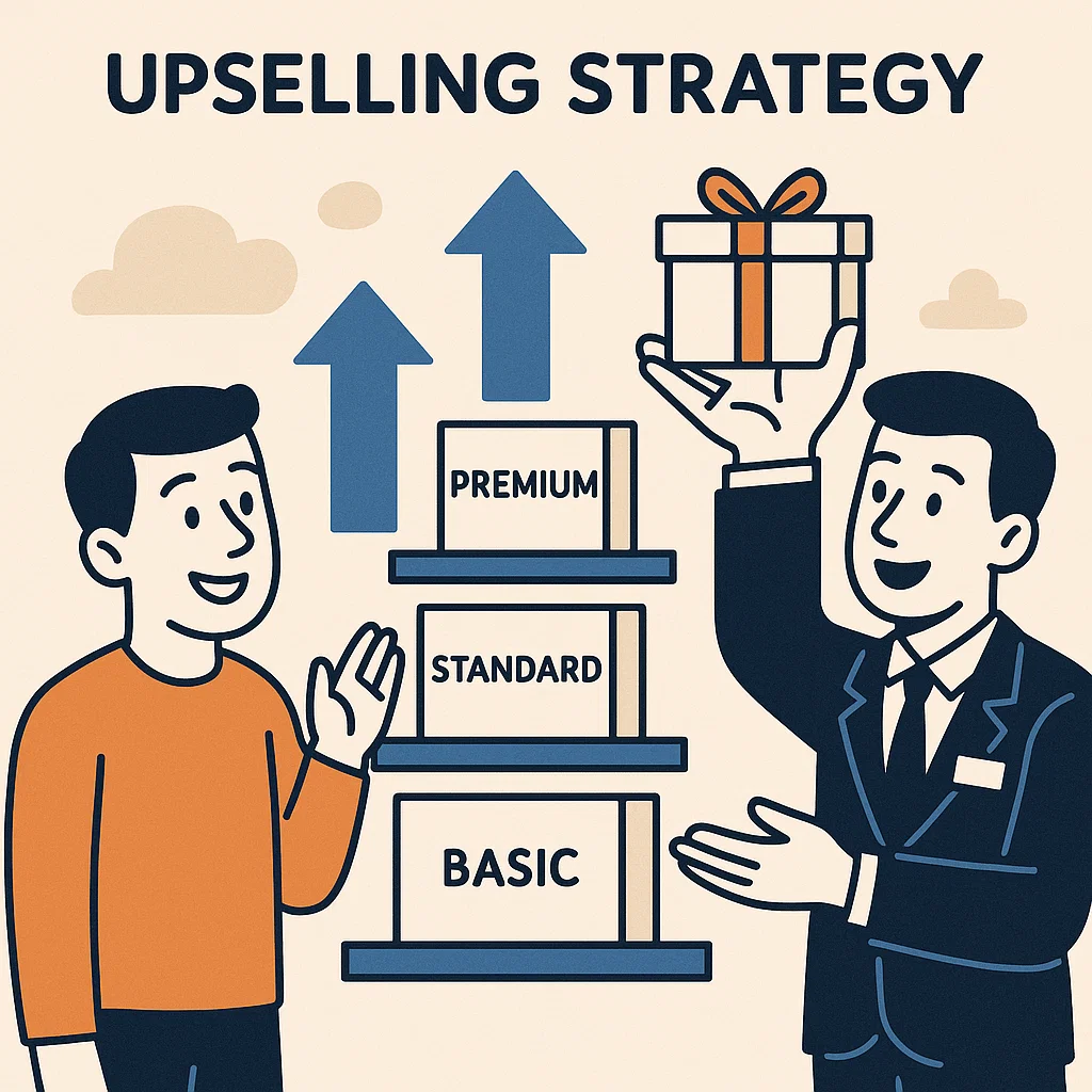 Ilustrasi upselling strategi menawarkan produk lebih tinggi kepada pelanggan