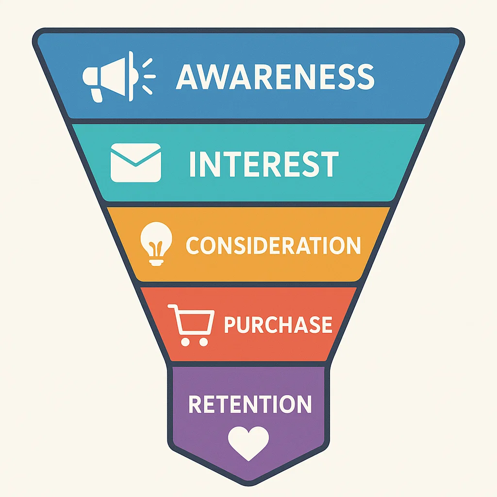 Ilustrasi visual funnel marketing dari tahap awareness hingga loyalitas pelanggan