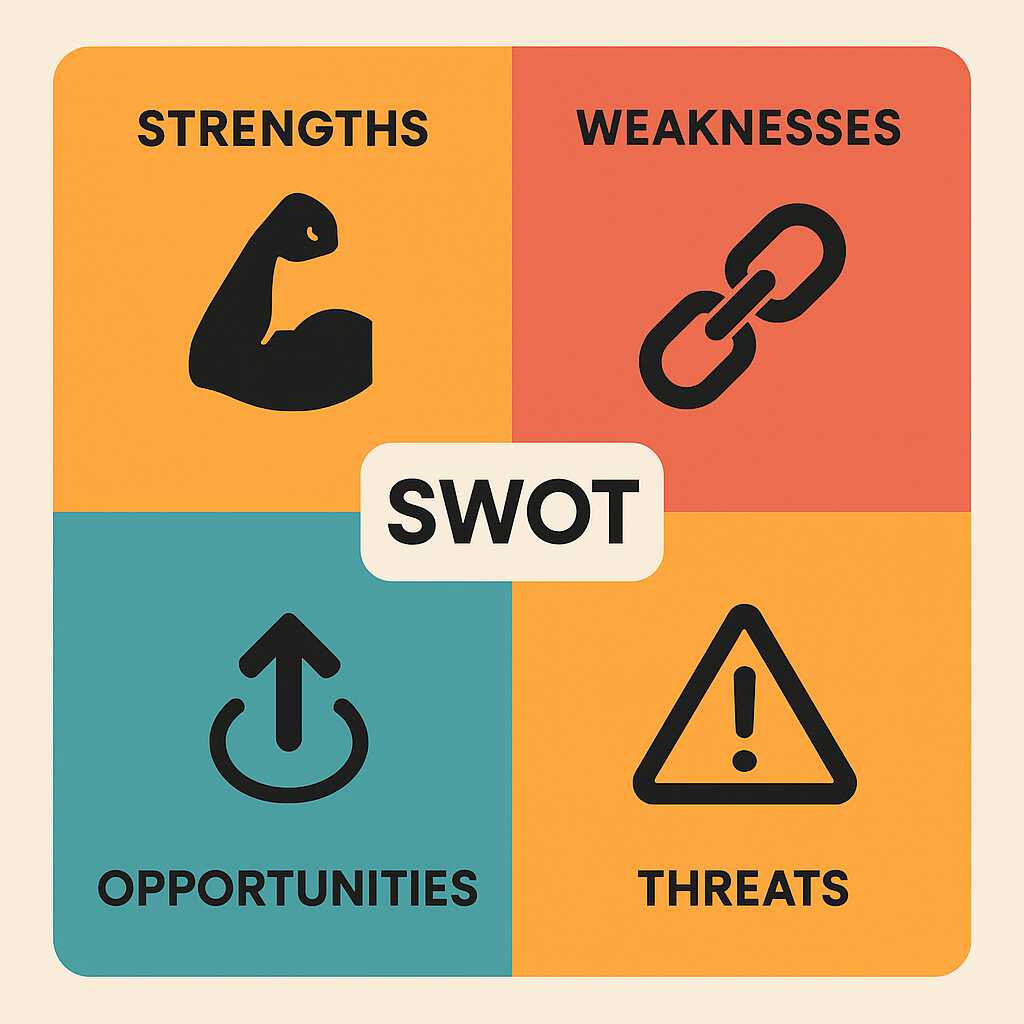 Infografik analisis SWOT empat elemen penting dalam strategi bisnis—kekuatan, kelemahan, peluang, dan ancaman
