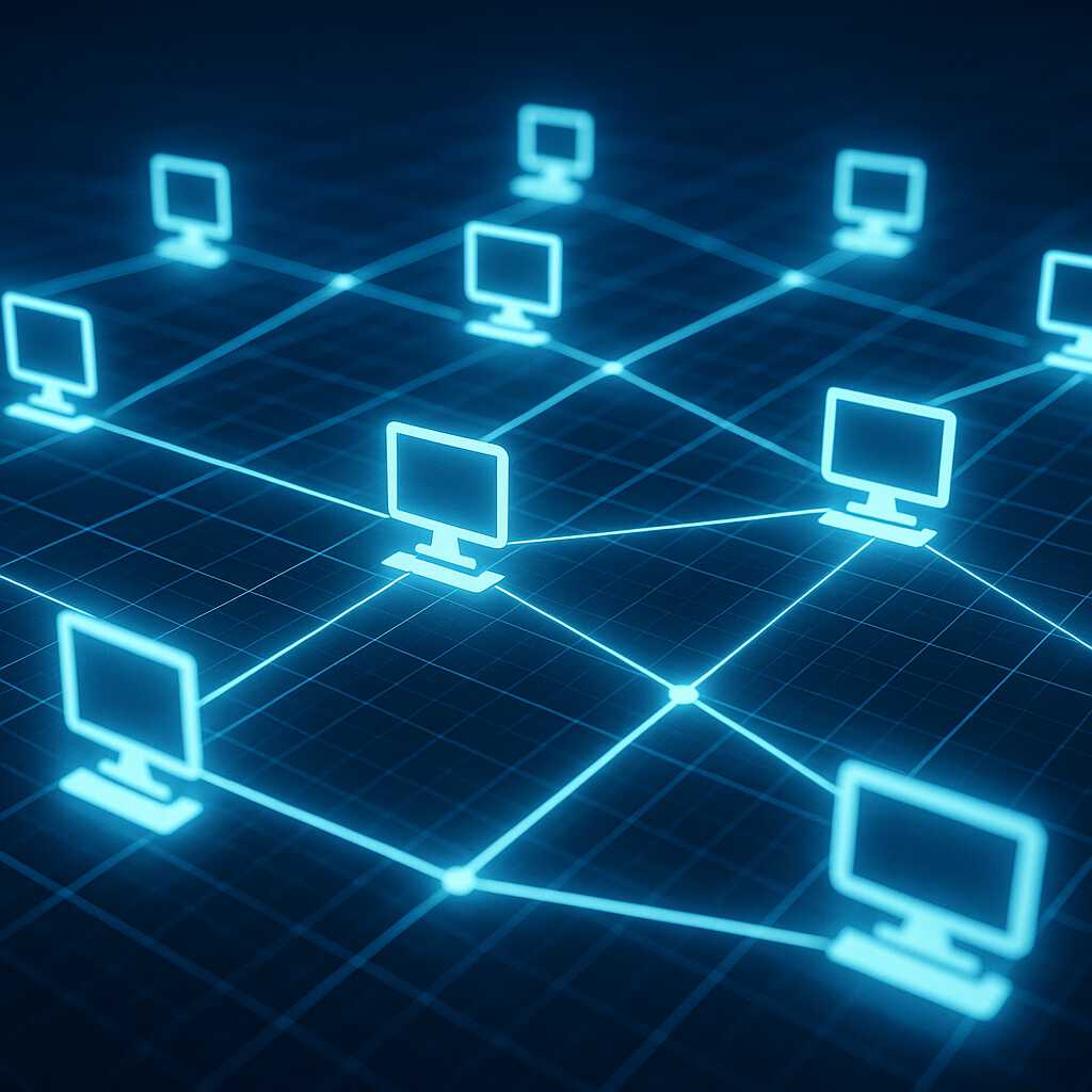 Konsep jaringan peer to peer modern dalam ilustrasi visual digital yang abstrak