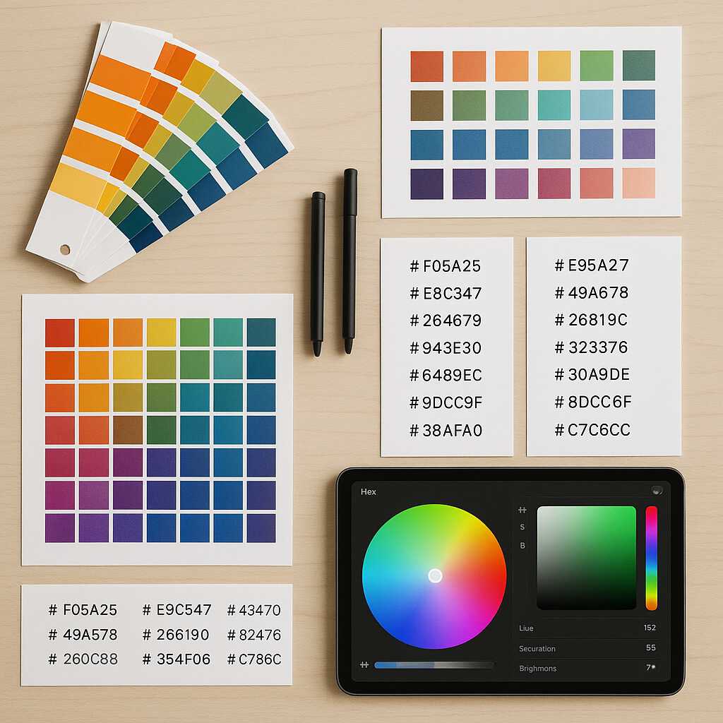 Meja kerja desainer dengan palet warna dan kode HEX yang siap digunakan untuk mengenal warna