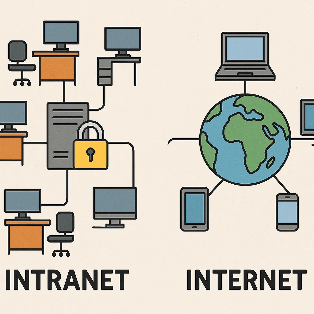 Perbedaan visual antara jaringan intranet tertutup dan internet yang bersifat global dan terbuka