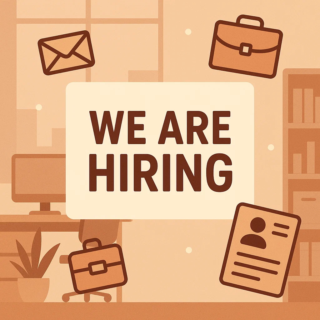 Poster lowongan kerja modern dengan tulisan We Are Hiring dalam konteks profesional