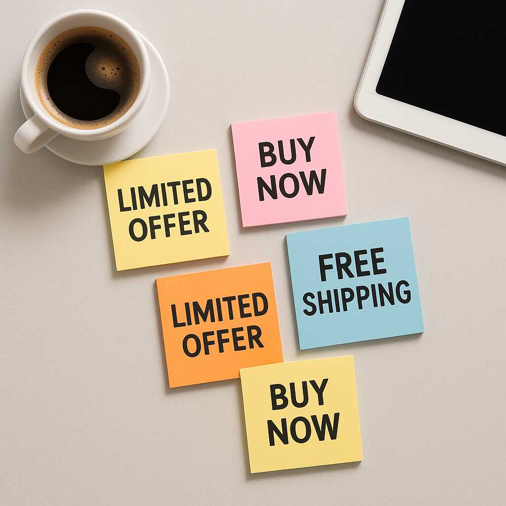 Sticky notes berisi kata-kata promosi yang menarik perhatian pelanggan – cocok untuk inspirasi konten jualan