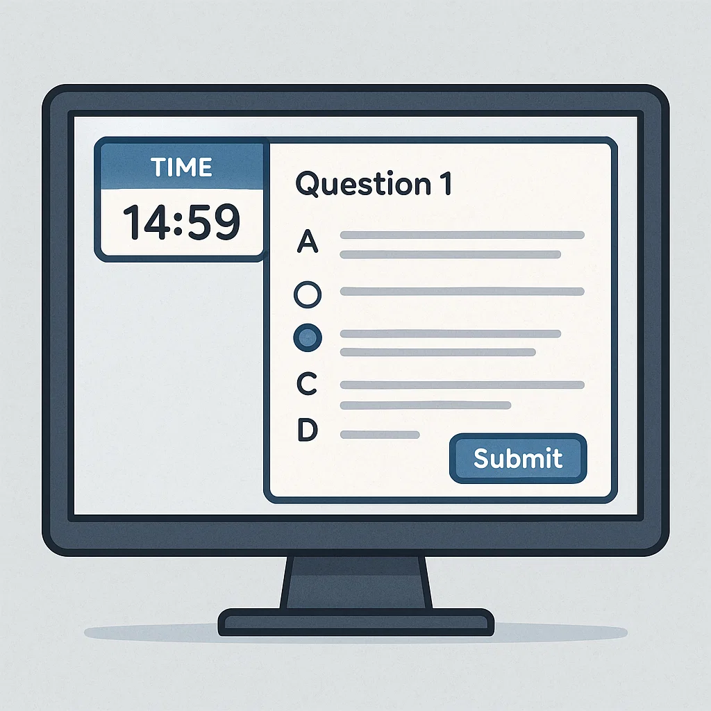 Tampilan antarmuka aplikasi CBT dengan soal pilihan ganda, waktu ujian, dan navigasi soal