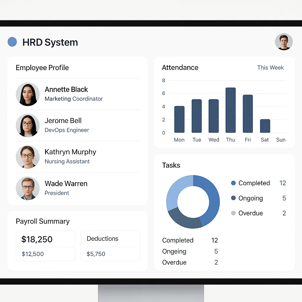 Tampilan antarmuka sistem HRD modern yang menyatukan data karyawan, kehadiran, dan payroll