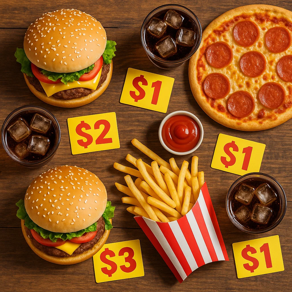 Tampilan iklan produk makanan dengan penataan visual menggoda dan sentuhan promosi harga