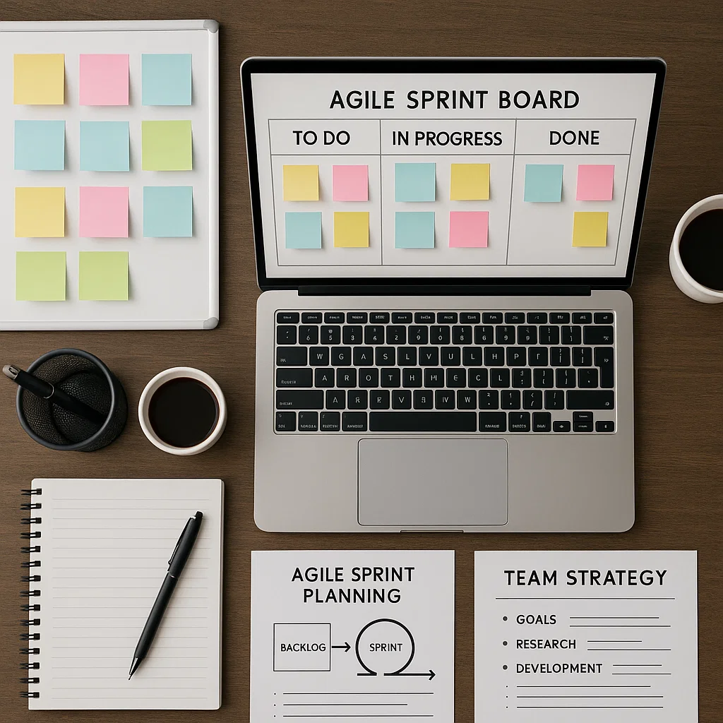 Tampilan papan kerja metode agile dengan to-do list, sticky notes, dan sprint board digital