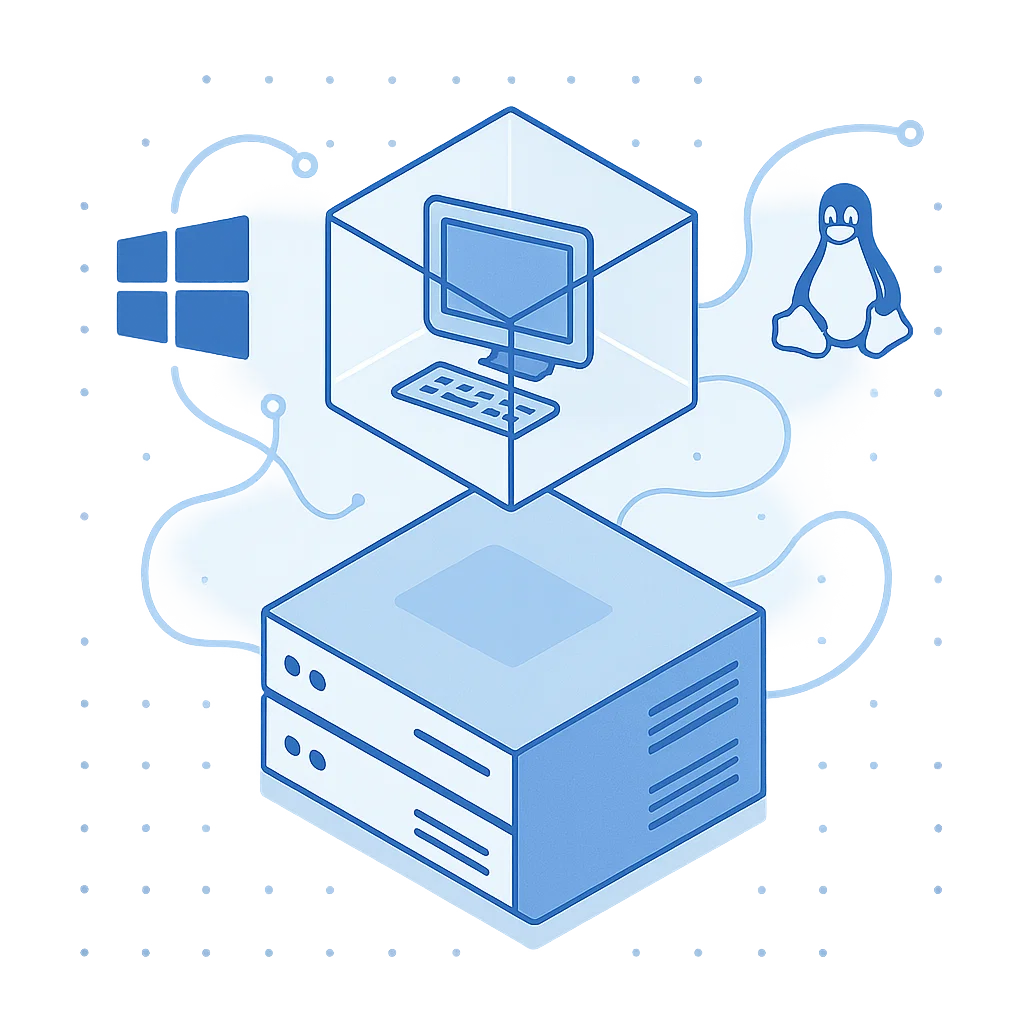 Visualisasi konsep Virtual Machine yang berjalan di atas komputer fisik