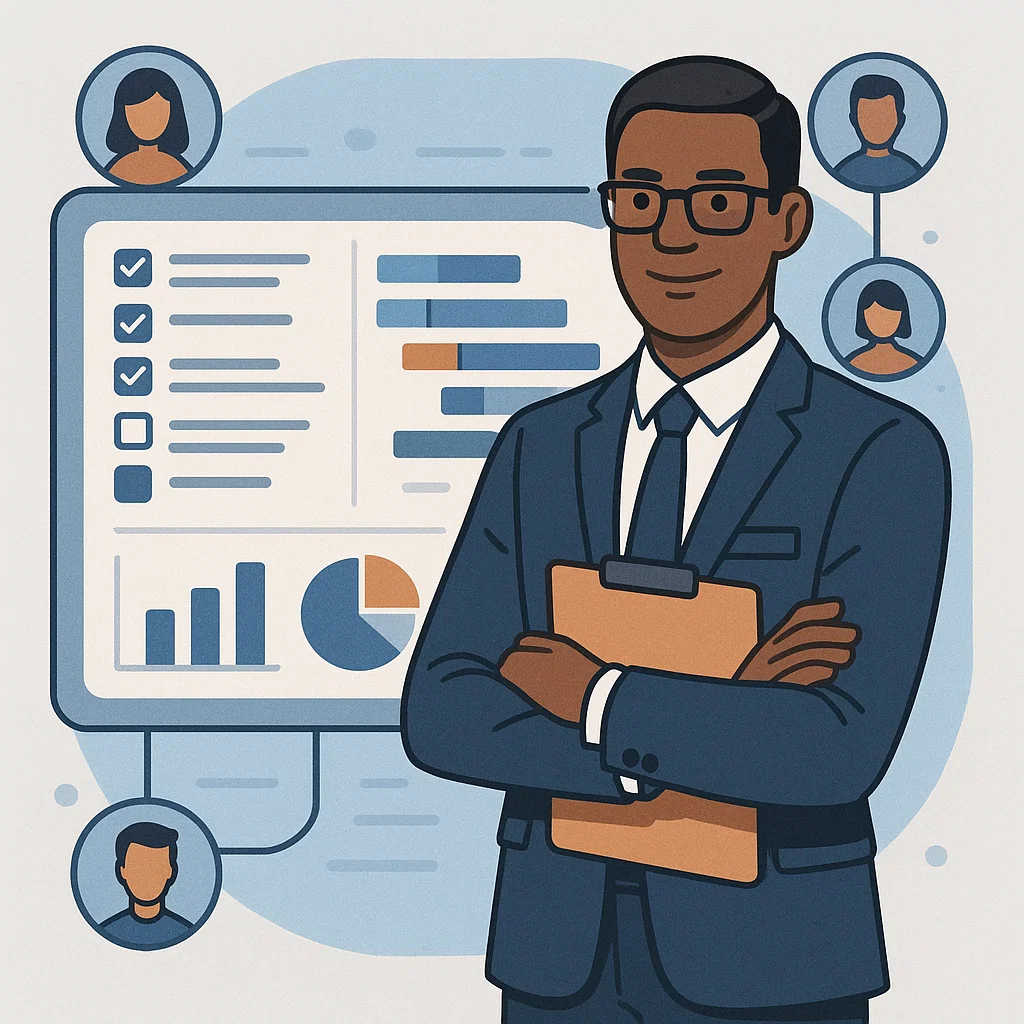 Visualisasi seorang project manager yang memantau timeline dan progres tim melalui dashboard digital