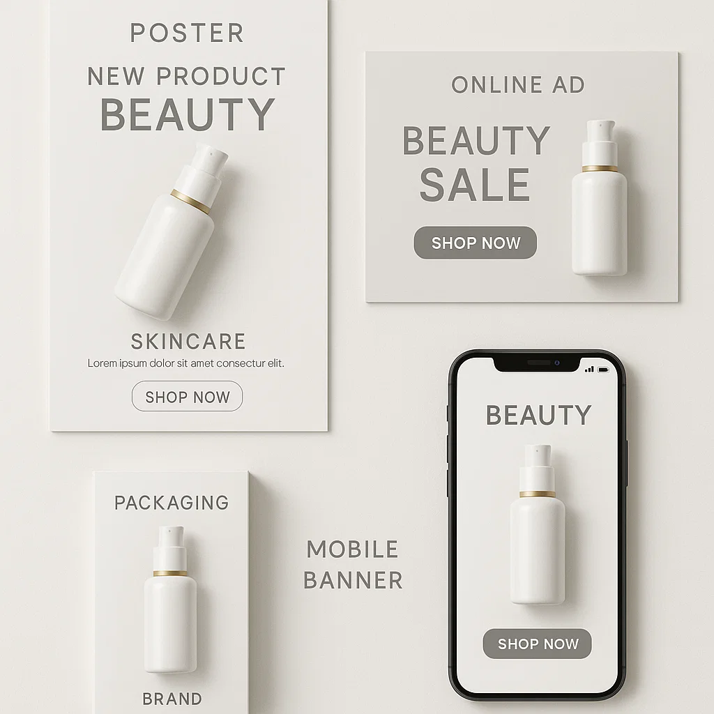 Berbagai contoh visual iklan barang dalam berbagai format – online, cetak, dan kemasan