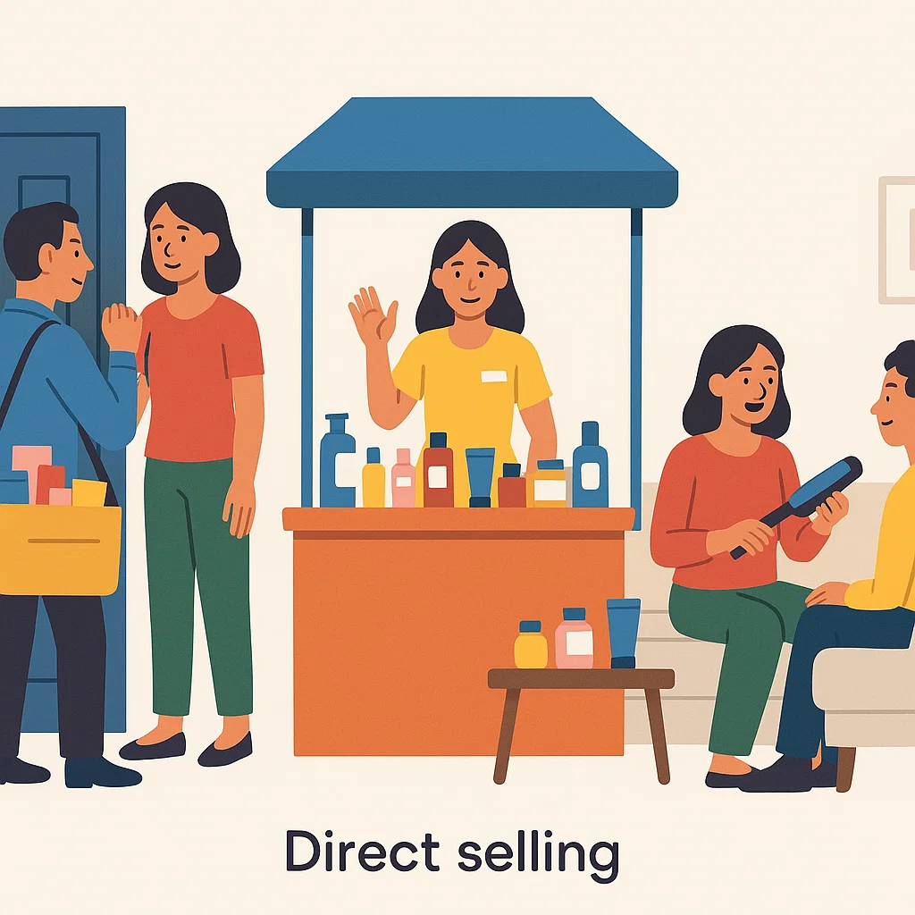 Contoh berbagai bentuk direct selling seperti door to door, presentasi, dan demo langsung kepada konsumen
