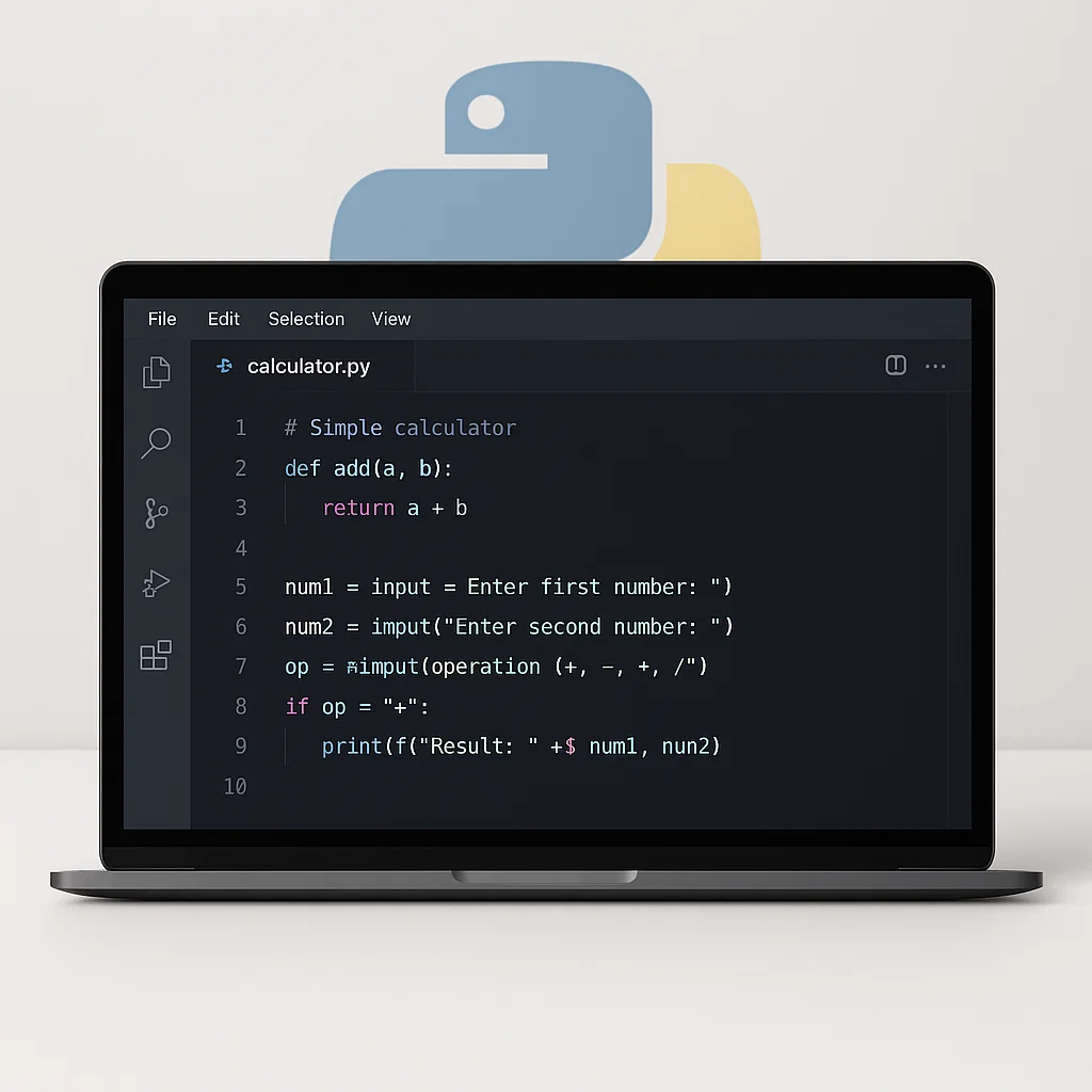 Contoh script pemrograman Python sederhana untuk kalkulator dalam antarmuka editor kode modern