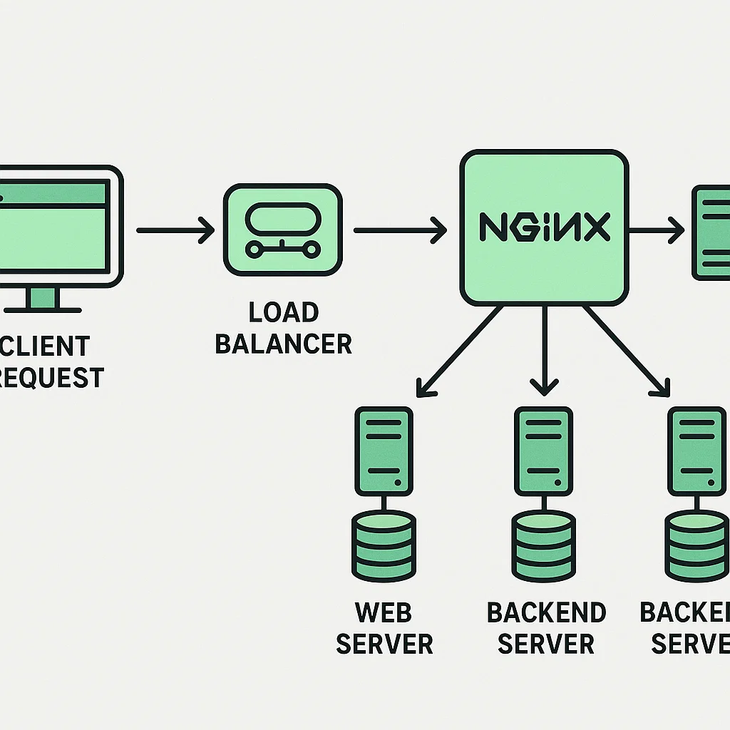 Diagram ilustratif arsitektur web server Nginx sebagai reverse proxy dan load balancer