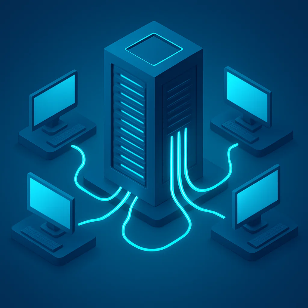 Gambaran server pusat data yang menghubungkan komputer lain – pondasi dari sistem digital modern