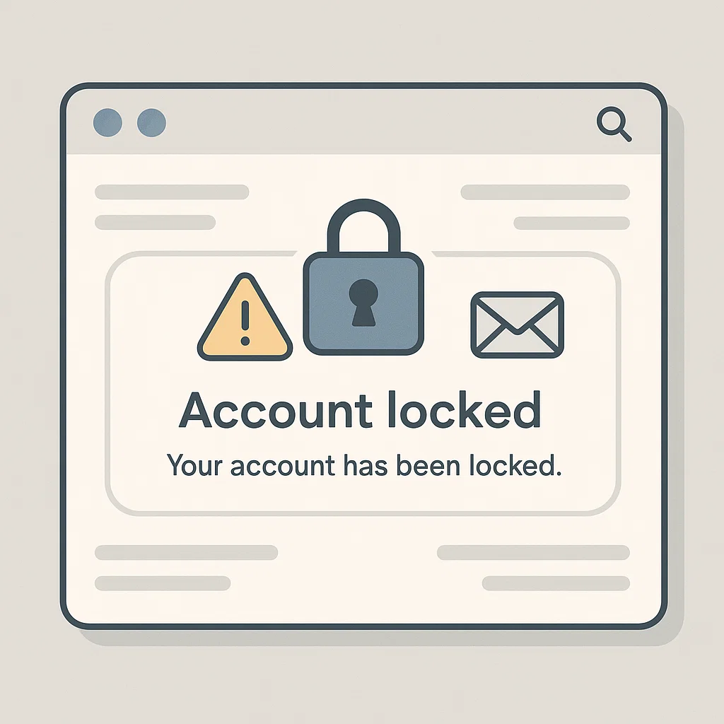 Ilustrasi akun digital dalam status suspended dengan ikon penguncian dan peringatan