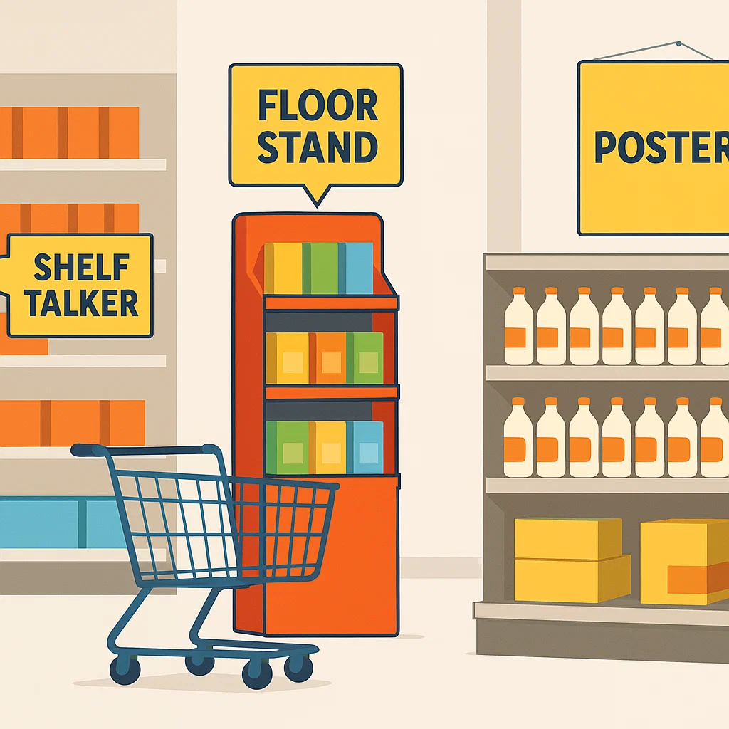 Ilustrasi berbagai contoh media POP (Point of Purchase) dalam suasana toko retail modern