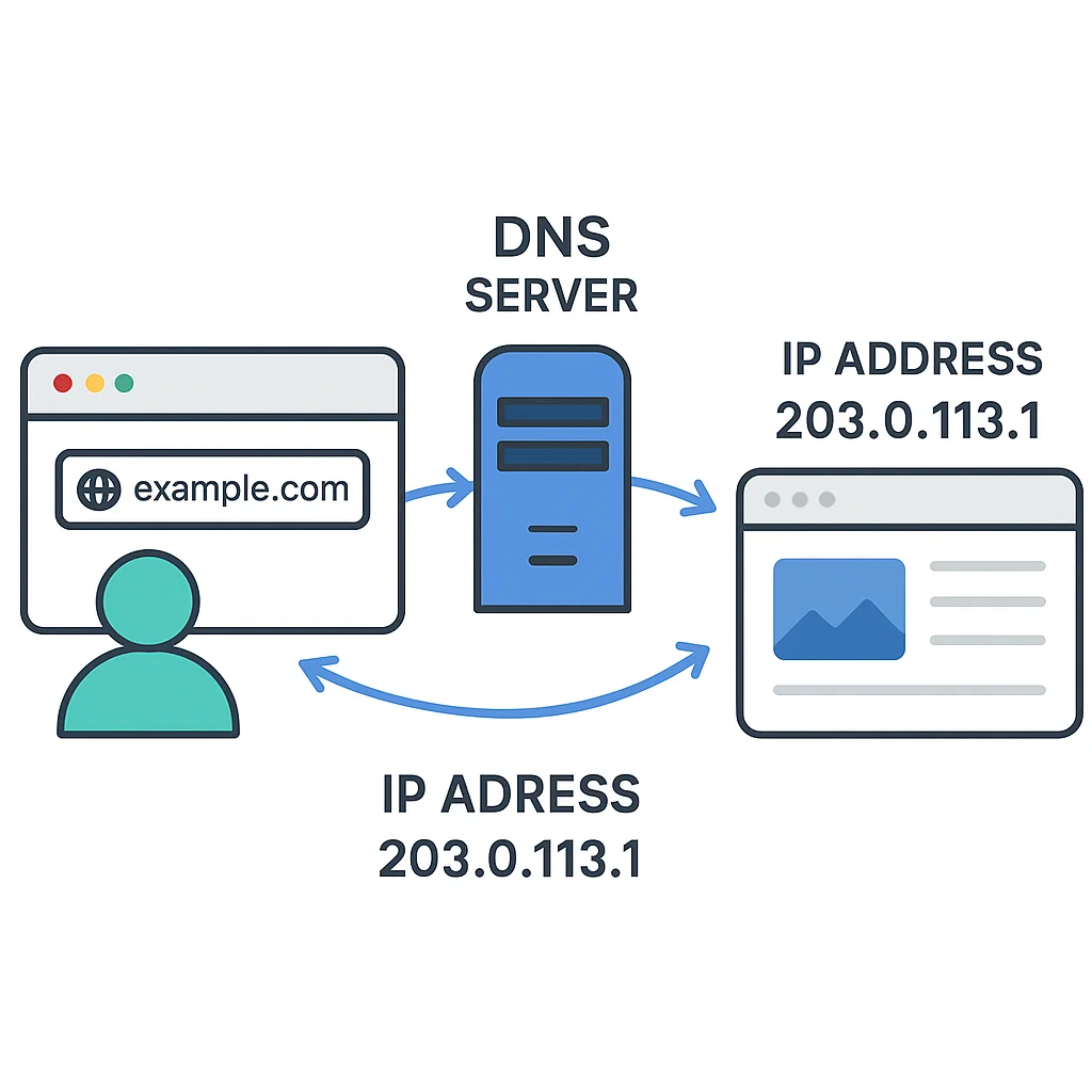 Ilustrasi cara kerja DNS saat WiseSob mengetik alamat situs di browser