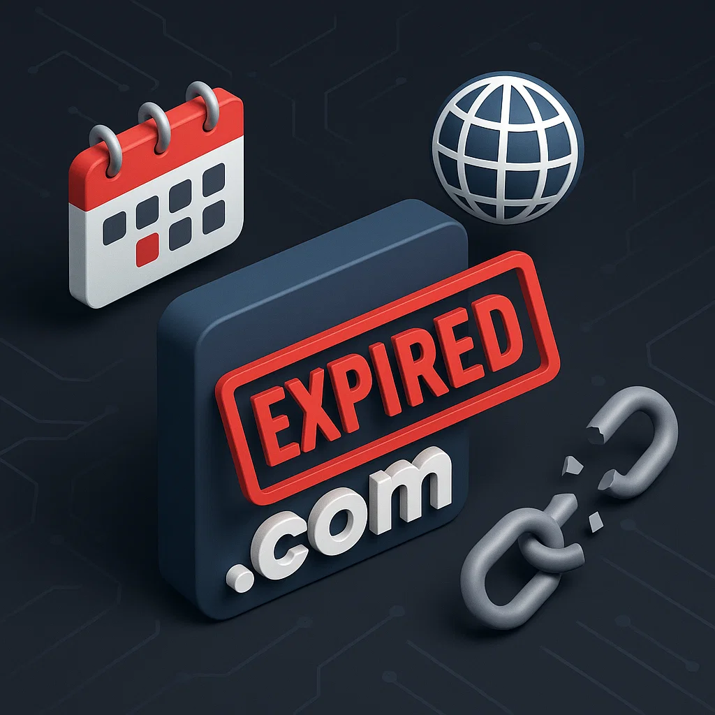 Ilustrasi domain yang telah expired lengkap dengan elemen simbolik seperti kalender dan ikon dunia digital