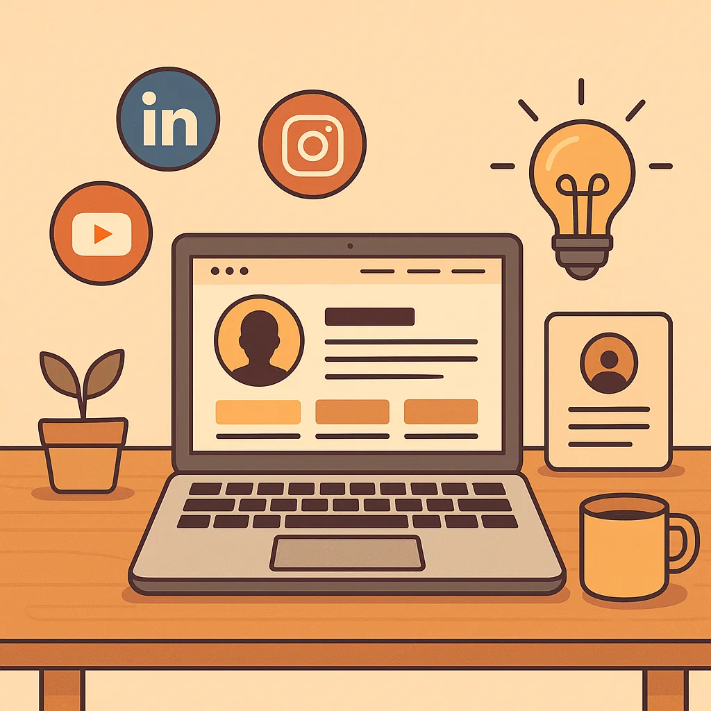 Ilustrasi elemen personal branding digital website pribadi, media sosial, dan ide orisinal