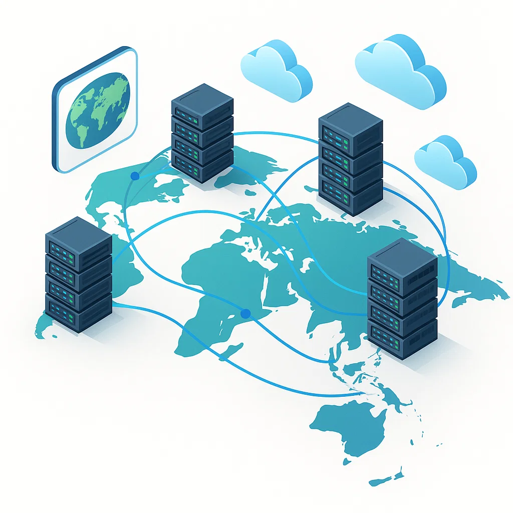 Ilustrasi infrastruktur server luar negeri yang saling terhubung secara global