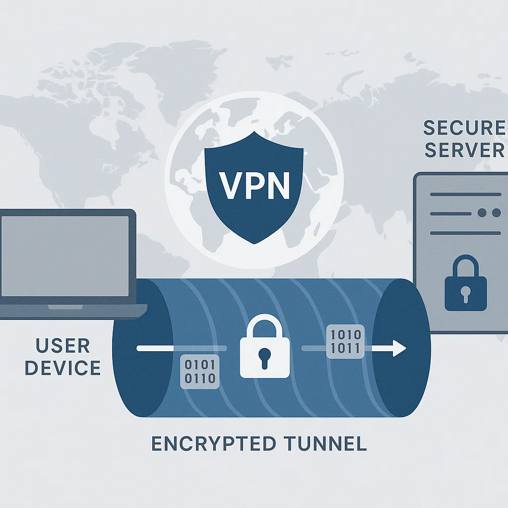 Ilustrasi jaringan VPN yang mengenkripsi koneksi internet dengan aman