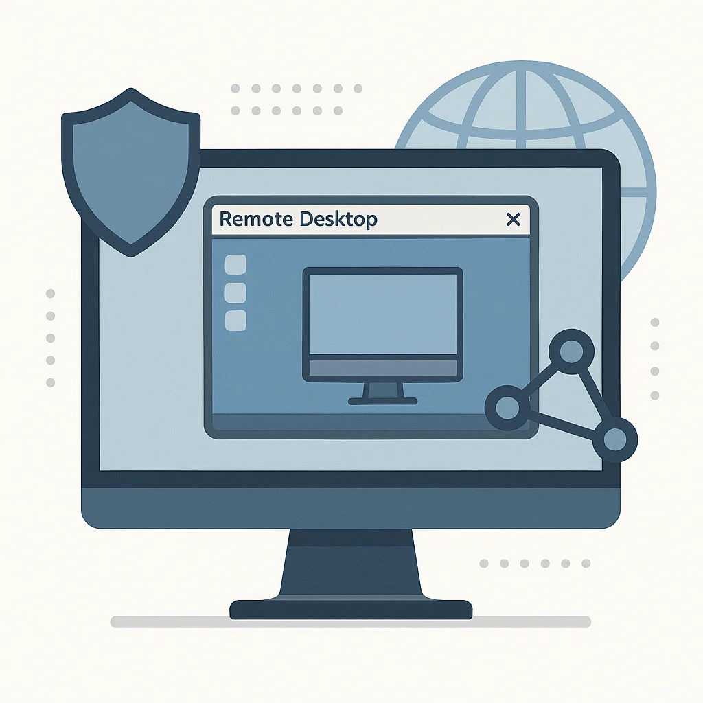 Ilustrasi koneksi desktop jarak jauh menggunakan RDP melalui jaringan internet yang aman
