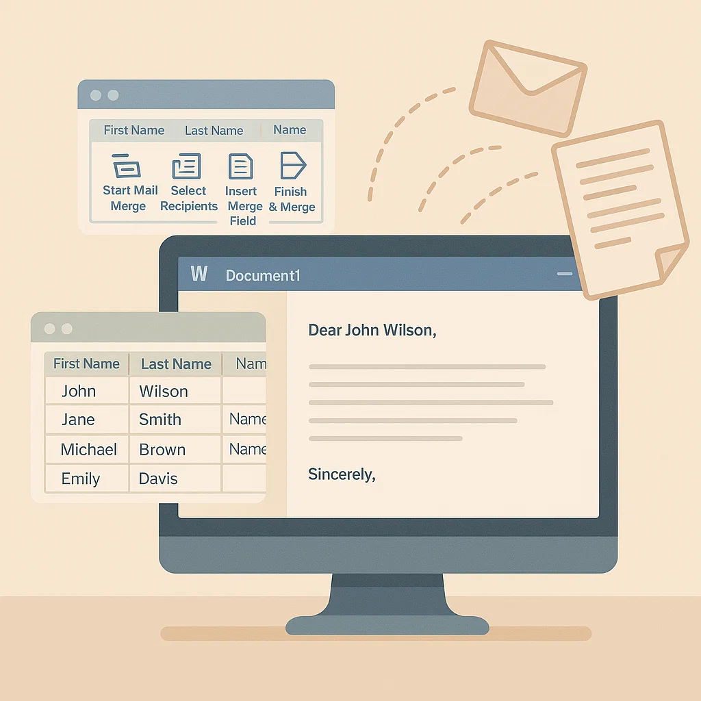 Ilustrasi konsep mail merge data dari spreadsheet otomatis masuk ke dokumen surat atau email