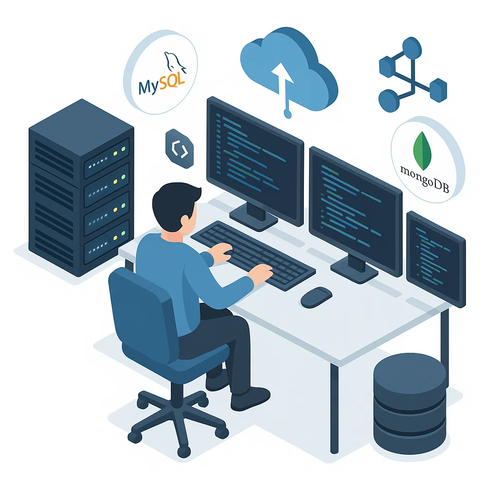 Ilustrasi meja kerja back end developer dengan elemen server, database, dan layar kode