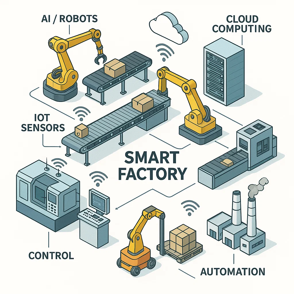 Ilustrasi pabrik pintar sebagai representasi revolusi industri 4.0 dengan teknologi otomatisasi dan kecerdasan buatan