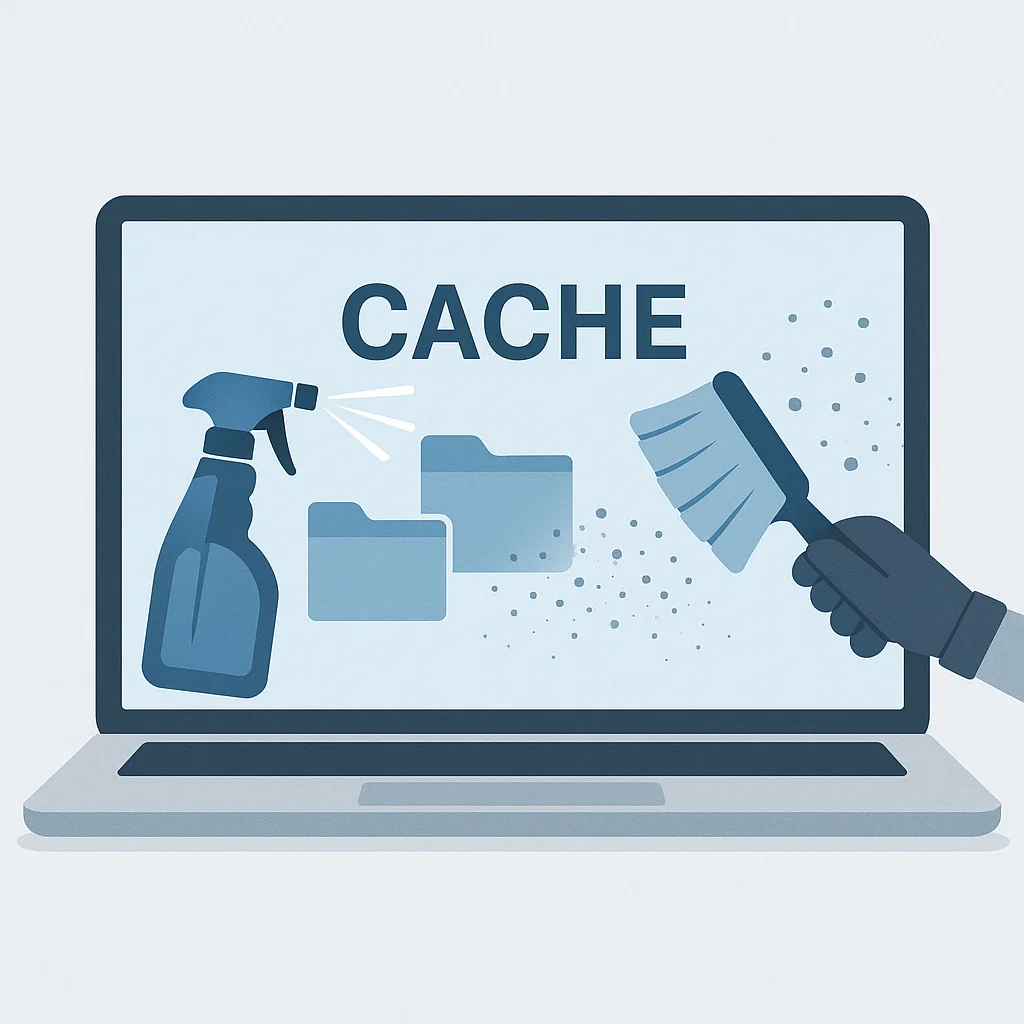 Ilustrasi pembersihan cache laptop secara digital untuk meningkatkan performa sistem