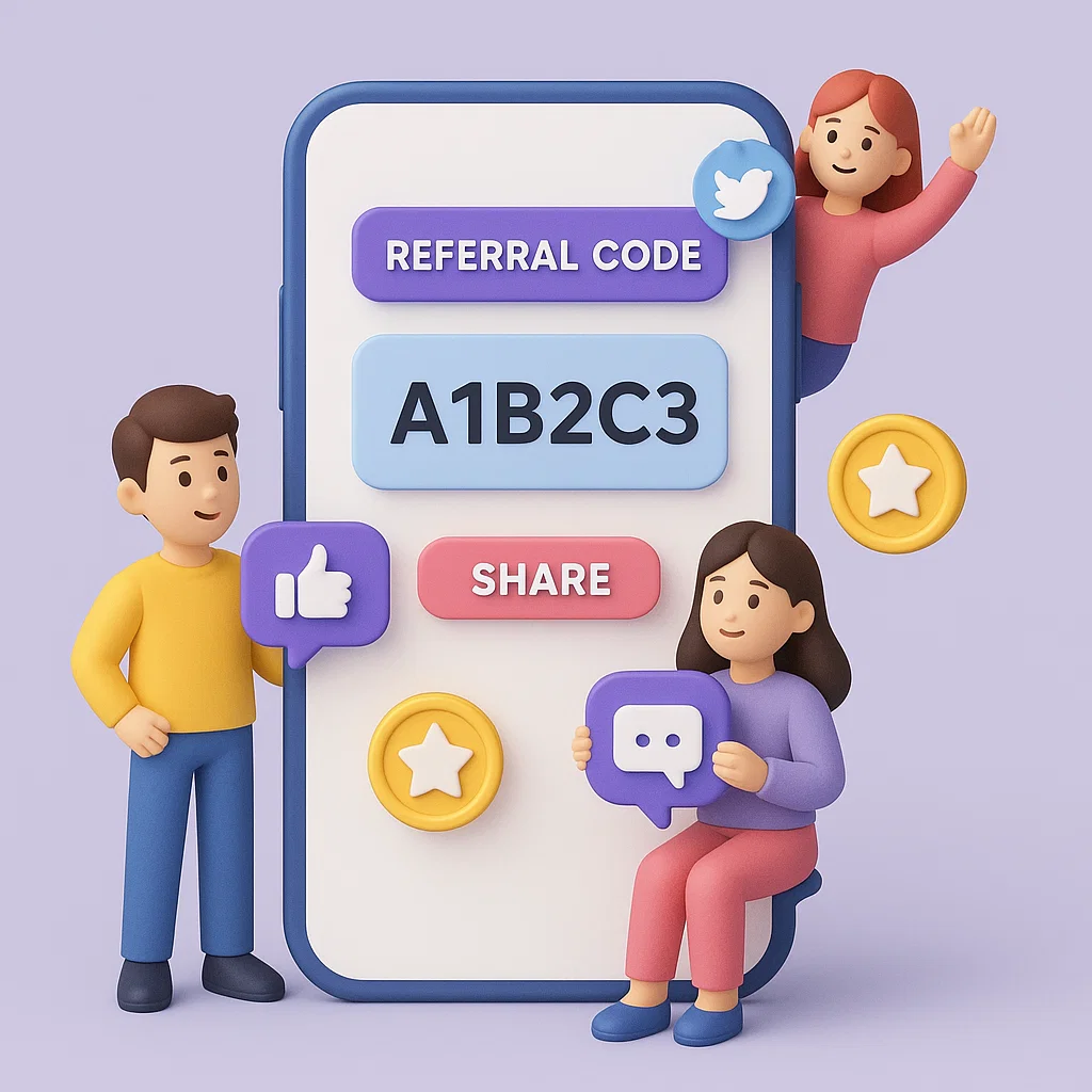 Ilustrasi pengguna membagikan kode referral lewat aplikasi dan media sosial