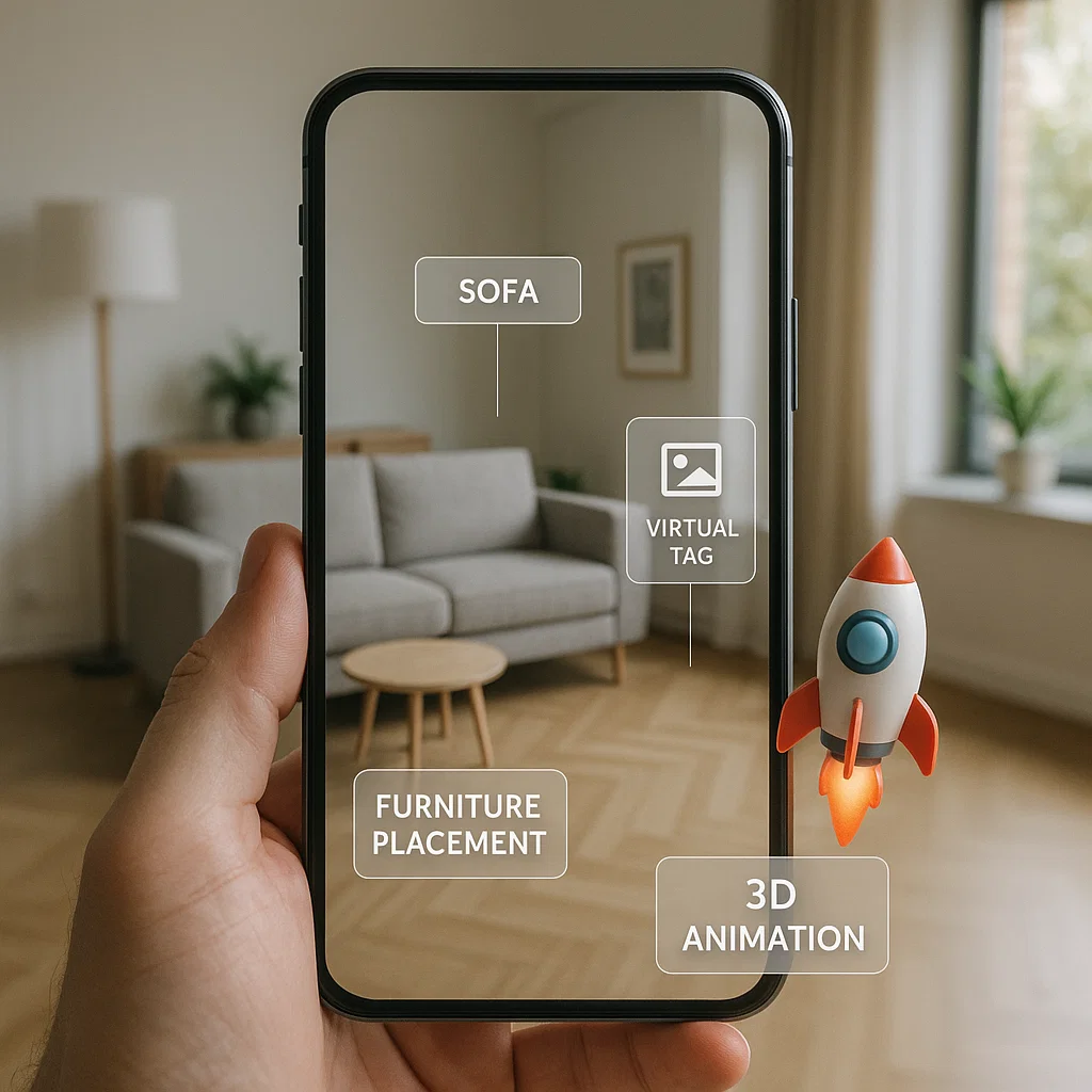 Ilustrasi penggunaan AR reality dalam kehidupan nyata melalui smartphone yang menampilkan objek digital di dunia fisik