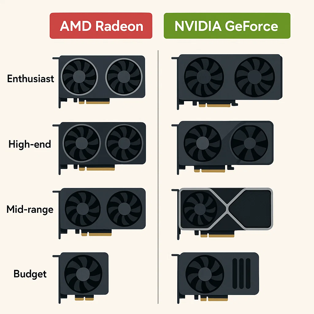 Ilustrasi perbandingan level performa antara AMD Radeon dan NVIDIA GeForce dalam berbagai kelas GPU