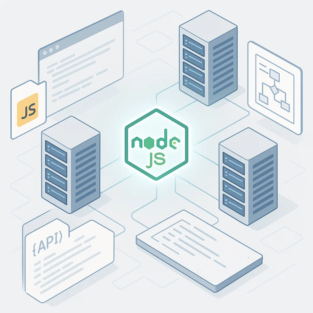 Ilustrasi profesional sistem backend dengan Node.js sebagai pusatnya
