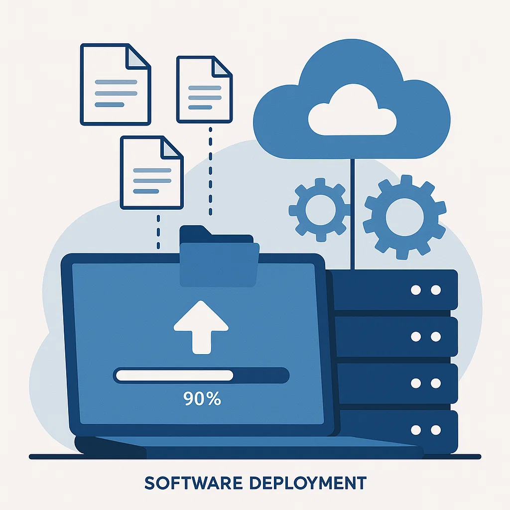 Ilustrasi proses deploy dari laptop ke server dalam konteks teknologi modern